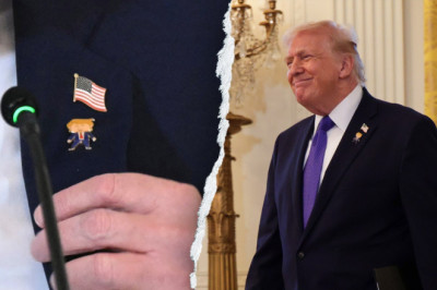 Trump wears 'happy Trump' pin alongside American flag during White House oil executive meeting